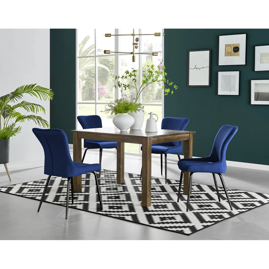 Anders Dark Walnut Solid Wood Dining Table & 4 Blue Nora Black Leg Chairs