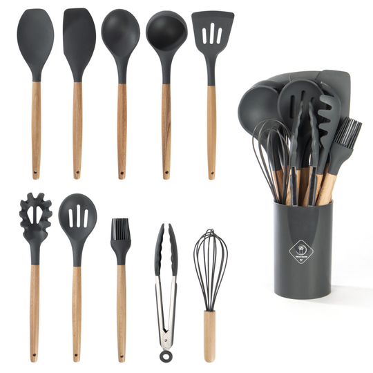 Grey Silicone Kitchen Utensils Set of 11 Spatulas for Cooking BBQ & Baking M&W