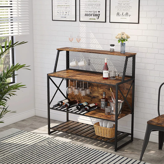 Industrial Wine Rack Table With Glass Holder Wine Bakers Rack Freestanding Floor Liquor Wine Storage Stand With Bottle Shelf Wine Bar Cabinet For Home