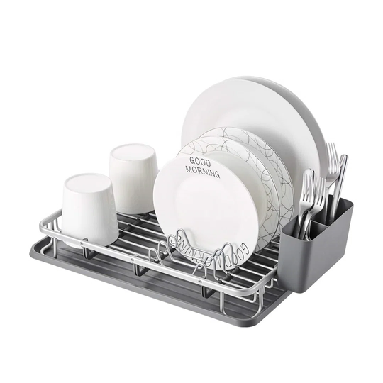 Aluminum Dish Drainers,Compact Dish Drying Rack With Removable Drip Tray,Utensil Holder, Draining Board, Grey Dish Rack Drainers For Small Kitchen Cou