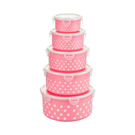 Belfry Kitchen | Frischhaltedosen Set 10-Tlg. | Rund | Pink Punkte | Vorratsdosen | Bento-Box | Lunchbox | Aufschnittdose | Brotbox | Brotdose | Wurst