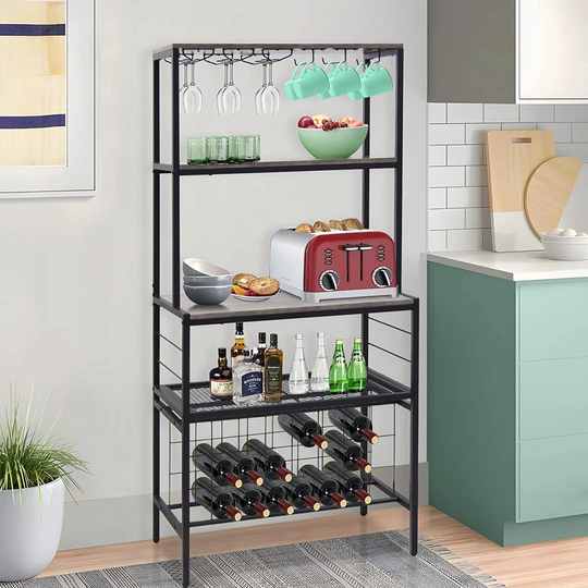Freestanding Wine Rack Table, Large Wine Coffee Bar Cabinet With Glassbottles Holder & Hooks, 5-Tier Floor Liquor Storage Display Shelves Multifunctio