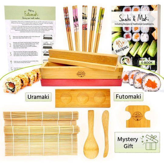 Sushi and Maki Making Kit - with Sushi Rolling Mat, Bamboo Maki Mold and Japanese Sauce Tray. Plus Chopsticks and Spreader Paddles