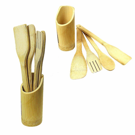 Set Of 5 Bamboo Utensil Spatula Wooden Spoon Kitchen Cooking Utensils Tools Set