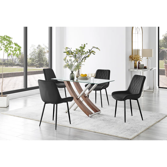 Mayfair Glass & Brown Wood Effect Dining Table & 4 Black Pesaro Black Leg Chairs
