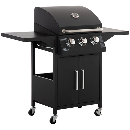 Outsunny 3 Burner Gas Grill Portable BBQ Trolley w/ 4 Wheels and Side