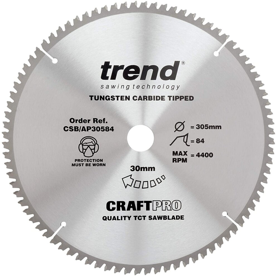 Trend CSB/AP30584 Craft Pro Worktop TCT Blade for Aluminium or Plastic and Makita, Dewalt, or Bosch Circular Saws, Tungsten Carbide Tipped, 305mm x 84