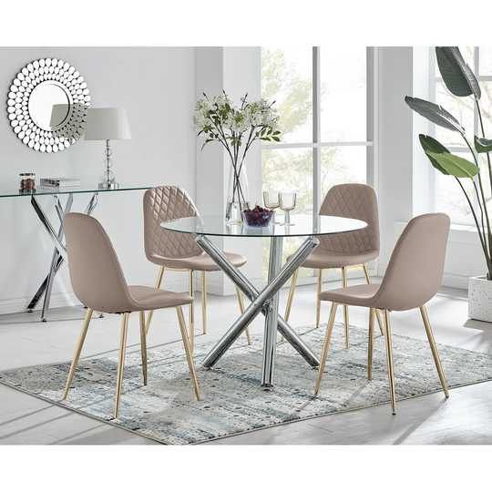 Selina Round Dining Table And 4 Cappuccino Corona Gold Leg Chairs