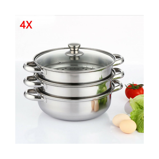 27CM 4PC STEAMER COOKER POT SET PAN COOK FOOD GLASS LIDS 3 TIER STAIN