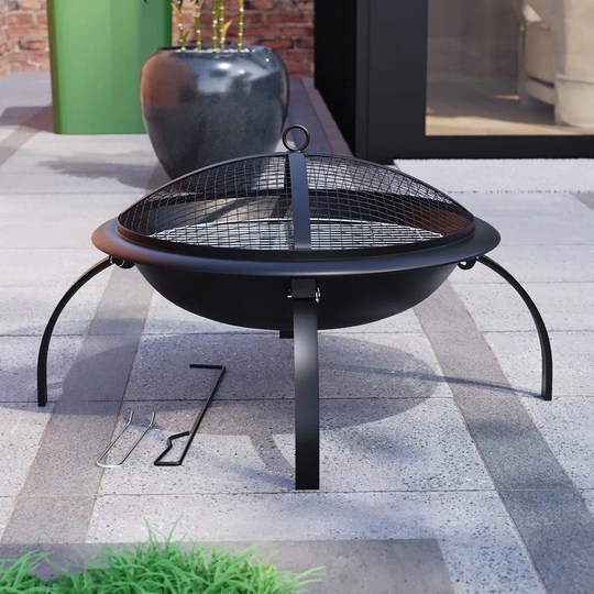 Fire Pit Steel Folding Outdoor Garden Patio Heater Grill Camping Bowl BBQ With Poker, Grate, Grill And Cover