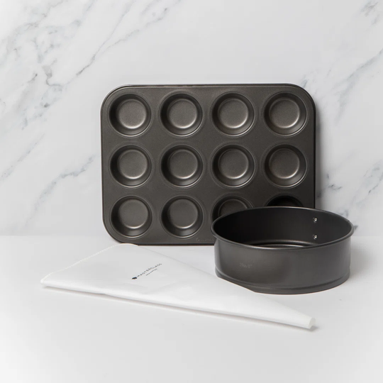 Masterclass Three Piece Baking Set, Includes 20Cm Non-Stick Spring Form Round Tin, 12 Hole Deep Pan, And 40Cm Masterclass Reusable Icing And Piping Ba