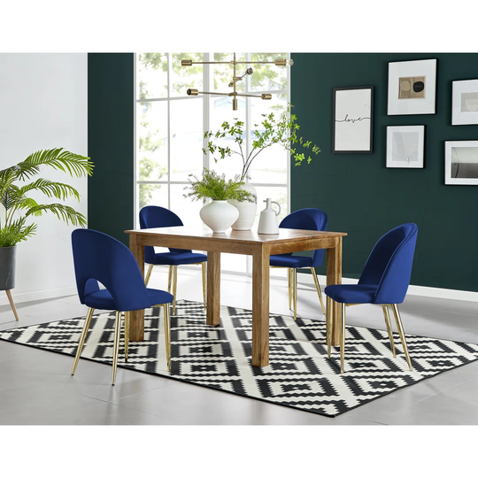 Anders Honey Solid Wood Dining Table & 4 Blue Arlon Gold Leg Chairs