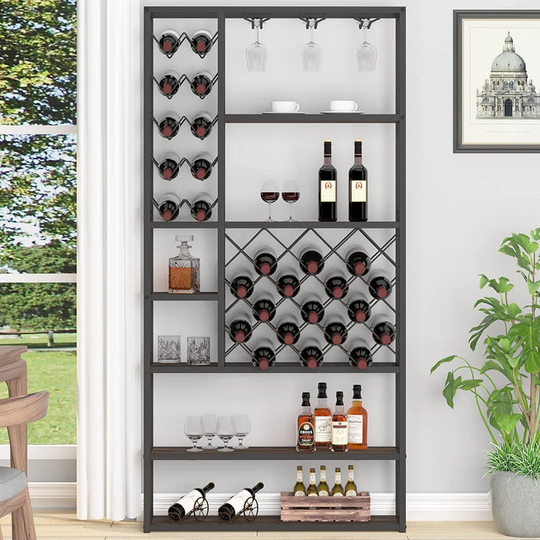 Rustic Wine Rack Freestanding Floor, Industrial Modern Wine Bakers Rack, Farmhouse Wood And Metal Wine Bar Cabinet With Wine Storage And Glass Holder