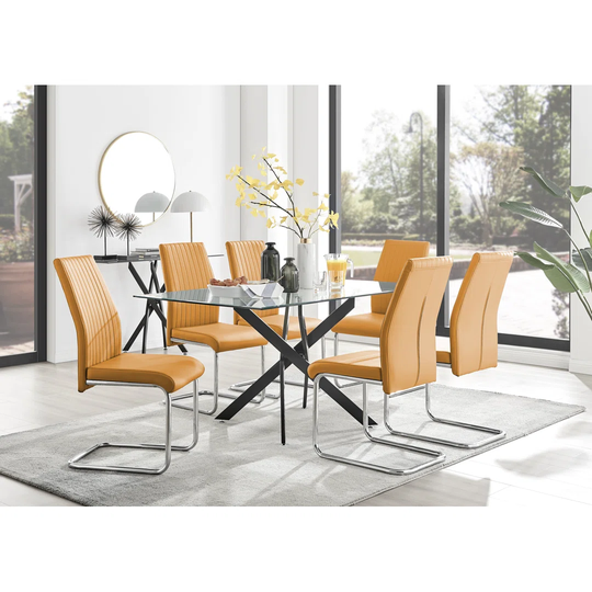 Leonardo Black Leg Glass Dining Table & 6 Mustard Lorenzo Chairs