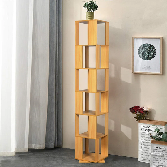 6-Tier Bookcase 360 Rotating Bookshelf, Walnut Floor Standing Storage Rack For Living Room Bedroom, Open Design Swivel Corner Shelf Home Office Decor