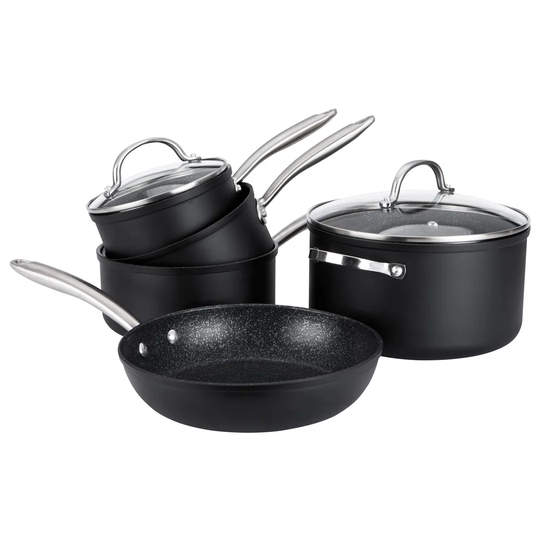 Non Stick Pots And Pans Set Of 5 With Frying Pan, Stockpot & 3 Piece Saucepan Set - Induction Suitable, Dishwasher Safe, Scratch Resistant Cookware