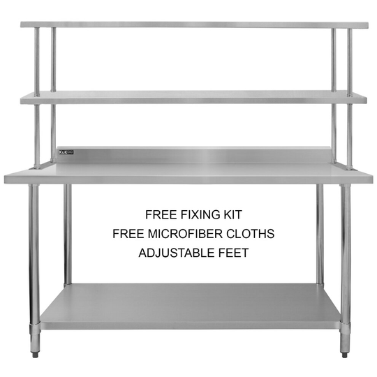 (6ft Catering Bench With Double Over-Shelf) Catering Table With Overshelf Kitchen Bench Worktop Commercial Stainless Steel