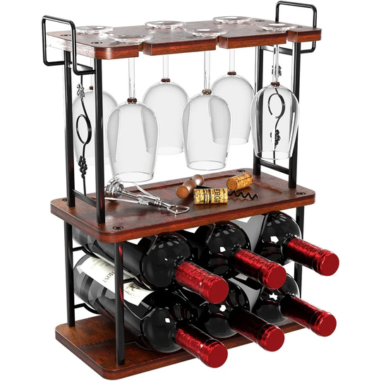 Freestanding Wine Rack, 3 Tier Wood Metal Wine Racks, Tabletop Wine Glasses & Cork Holder Organizer, For Bar Decor, Kitchen Pantry Cabinet Countertop,