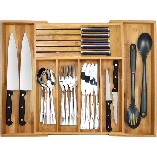 7 Compartment Organiser Extendable Wooden Knife and Utensils Cutlery Tray