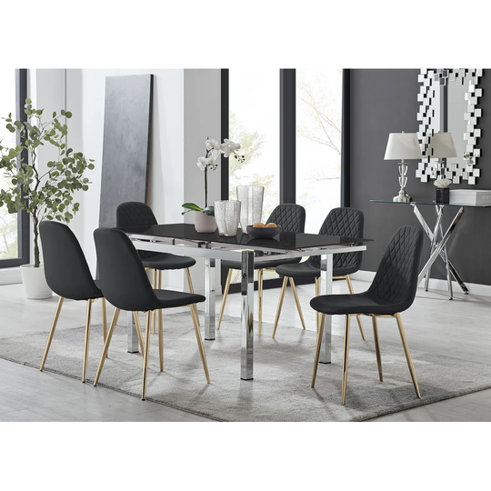 Enna Black Glass Extending Dining Table And 6 Black Corona Gold Leg Chairs