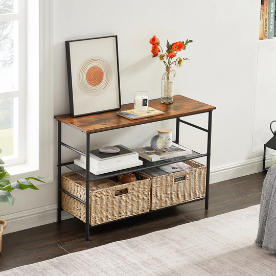 3-Tier Console Table, Industrial Sofa Table with Metal Frame, Storage Shelves, Side Table for Home