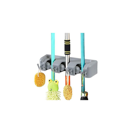 Vicloon Broom Mop Holder Tidy Organizer, Wall Mounted Organizer with 3 Position 4 Hooks for Brush Mop and Broom Tool Storage