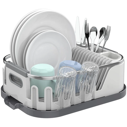 Dish Drying Rack For Kitchen Counter, Compact Dish Drainer With Drainboard, Utensil Holder And Cup Rack