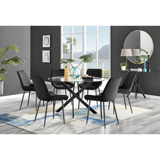 Novara Black Leg 120Cm Round Glass Dining Table & 6 Black Pesaro Black Leg Chairs