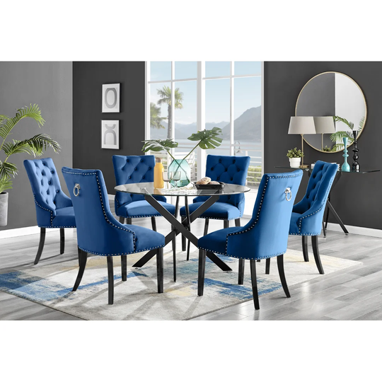 Novara Black Leg 120Cm Round Glass Dining Table & 6 Blue Belgravia Black Leg Chairs
