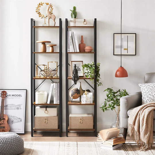 Bookcase, Bookshelf 5 Tier, Standing Display Storage Rack With Steel Frame, Rustic Brown And Black