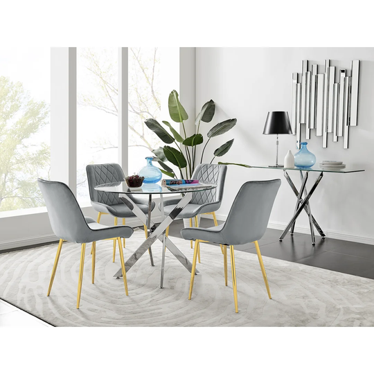 Novara 100Cm Round Dining Table And 4 Grey Pesaro Gold Leg Chairs