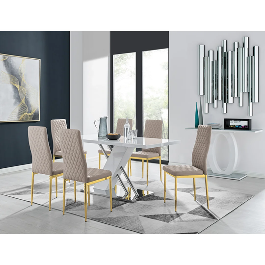 Chowchilla 6 White Dining Table And 6 Cappuccino Gold Leg Chairs
