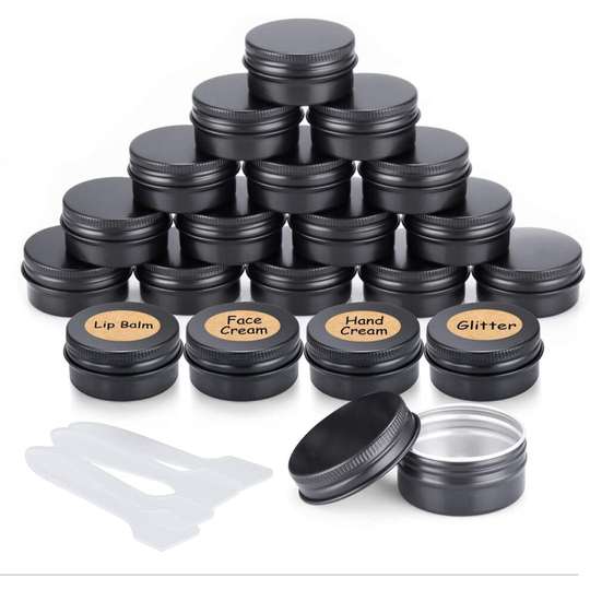 20pcs Empty Cosmetics Container Pots Aluminium Tin Jars with Screw Lids, Labels and Mini Spatula for Cream, Sample, Powder, Makeup Storage (20ml,
