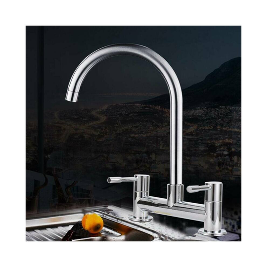Modern Dual Lever Chrome Kitchen Sink Mixer Taps 2 Hole Mounted