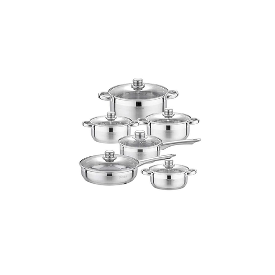 Velaze Cookware Set, Series Motti, 12-Piece Stainless Steel Pot & Pan Sets, Induction Safe, Saucepan, Casserole, Casserole, pan with Glass lid (S