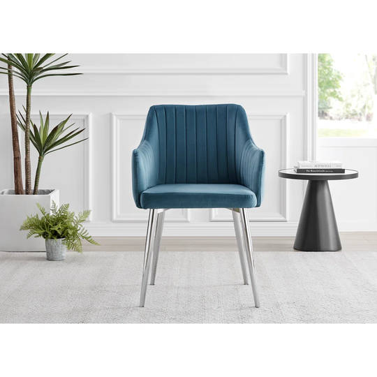 Leonardo Glass And Chrome Dining Table & 4 Blue Calla Silver Leg Velvet Chairs