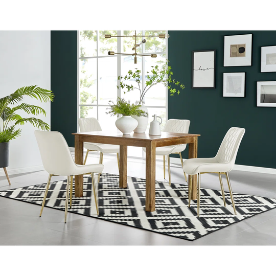 Anders Honey Solid Wood Dining Table & 4 Cream Pesaro Gold Leg Chairs