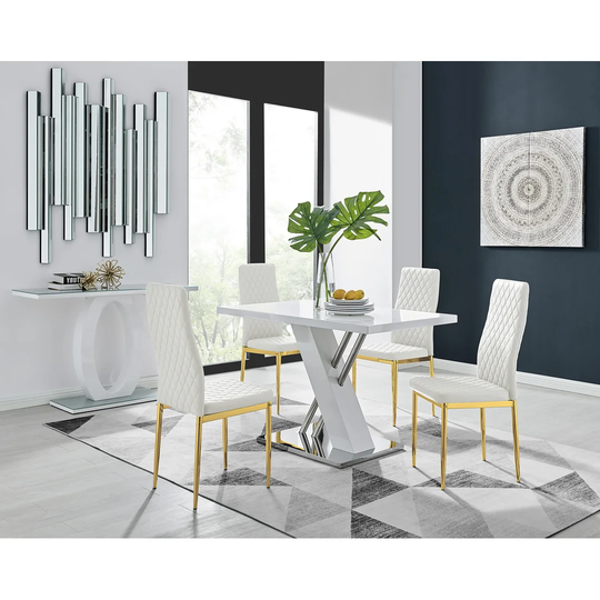 Chowchilla 4 White Dining Table And 4 White Gold Leg Chairs