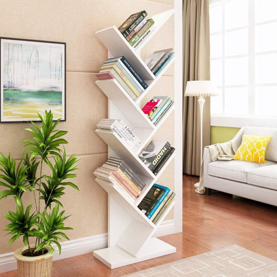 (White, 9 Tier) Tree Bookshelf Wood Display Shelf Organiser Storage Rack Freestanding