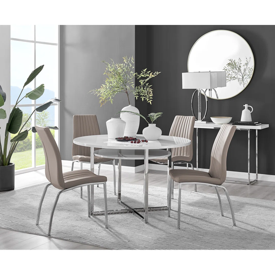 Adley White High Gloss Storage Dining Table & 4 Cappuccino Isco Chairs