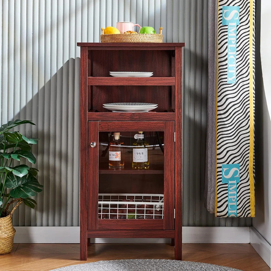 Vintage Bar Cabinet With Shelf And Door, 8-Bottle Wine Cabinet For Kitchen Dining Room, Wooden Slim Liquor Cabinet Bar For Home Office, Free Stand Dis