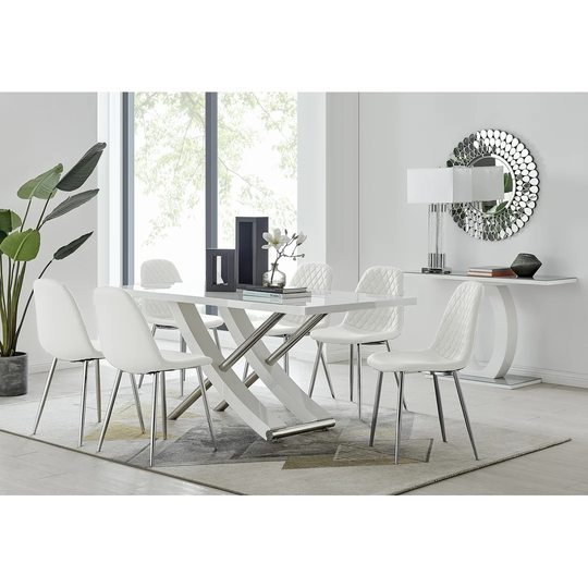 Mayfair 6 Dining Table And 6 White Corona Silver Leg Chairs
