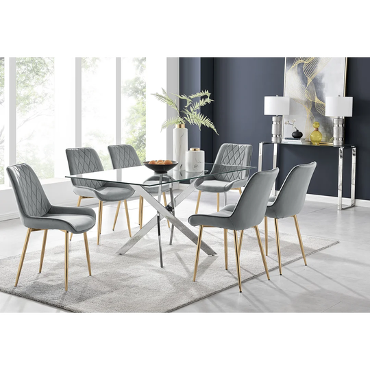 Chowchilla 6 Dining Table And 6 Grey Gold Leg Chairs