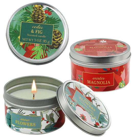 (Winter Floral Flowery) Set 3 Holiday Christmas Scented Candles Fragrance Santa Fig Tree Cinnamon Cookie