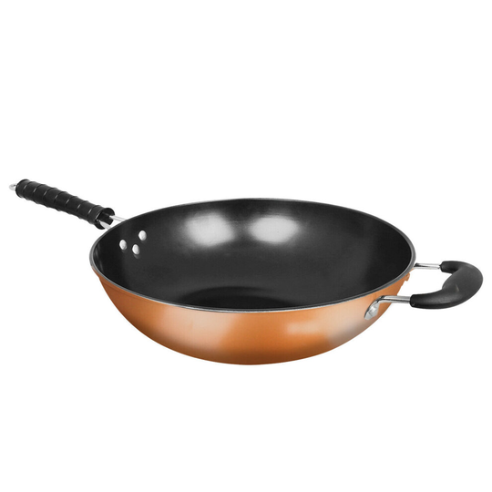 Large Copper Wok Carbon Steel Stir Fry Non Stick Frying Pan 2 Handles