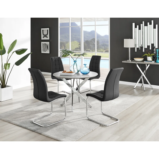 Novara Grey Concrete Effect Round Dining Table & 4 Black Murano Chairs