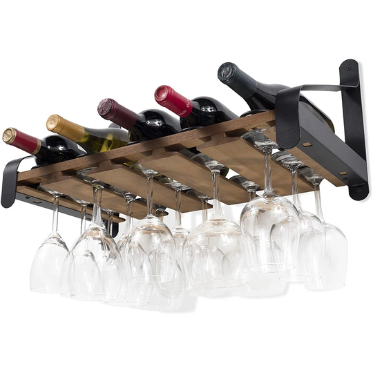 Wall Mounted Wood Wine Rack Or Liquor Bottle Storage Holders | Stemware Racks Organizer (Walnut)