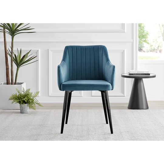 Novara Black Leg Round Glass Dining Table & 4 Blue Calla Black Leg Chairs