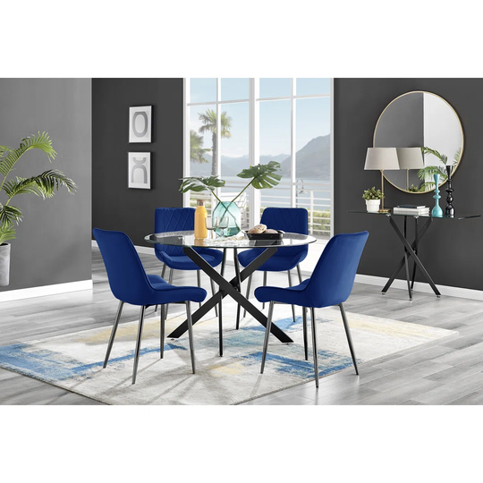 Novara Black Leg 120Cm Round Glass Dining Table & 4 Navy Pesaro Black Leg Chairs