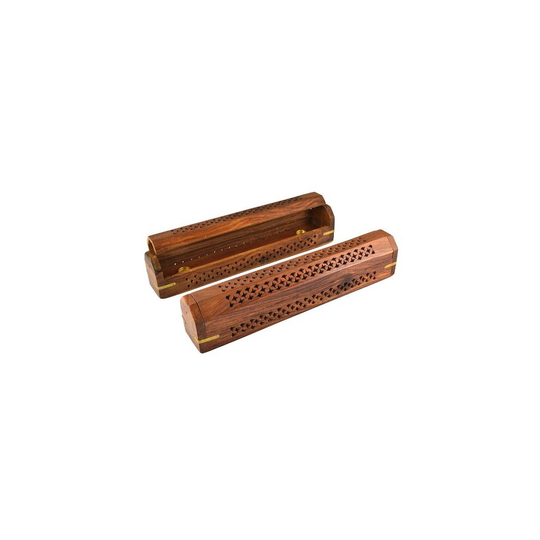 Wooden coffin Incense Burner - Vines 12" - Brass Inlays - Storage compartment